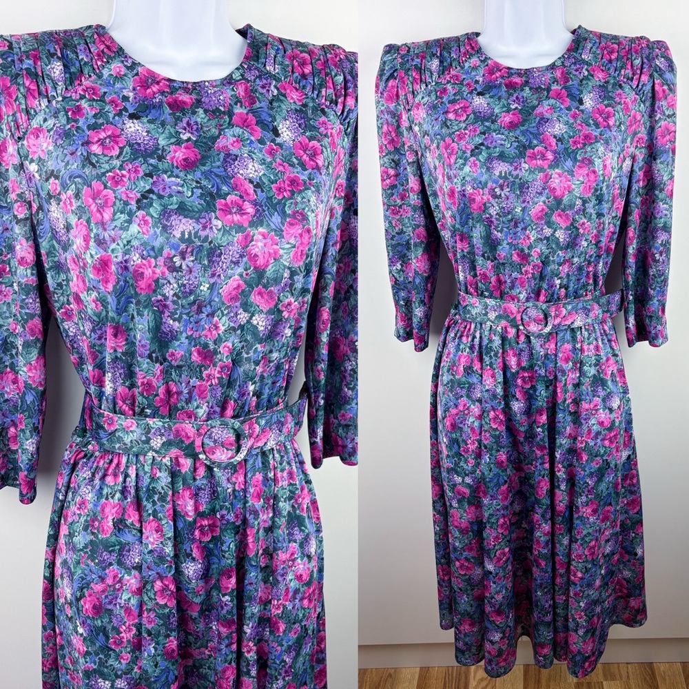Vintage 80s Floral Long Sleeve Belted Pleated Midi Dress Purple Pink Blue Green